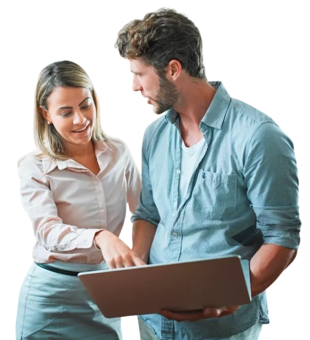 Buyer and supplier reviewing sourcing details on a laptop